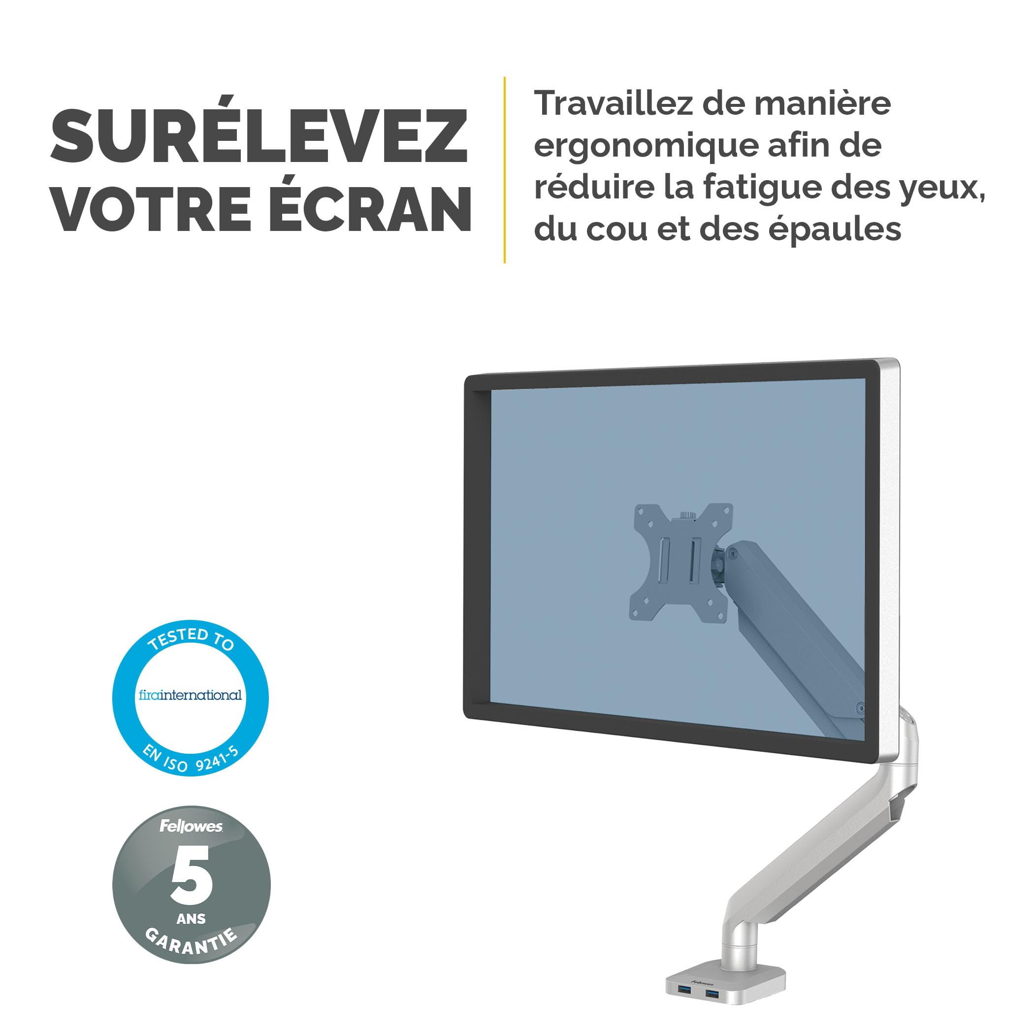 fellowes-platinum-series-bras-porte-cran-simple-argent-jusqu-32-avec-2-ports-usb image 2