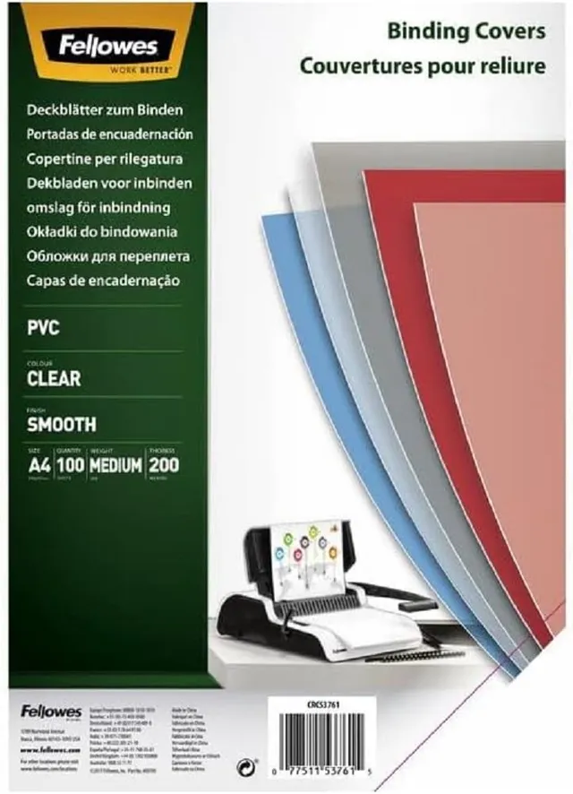 fellowes-couvertures-de-reliure-pvc-transparent-a4-200-microns-pack-de-100 image 1