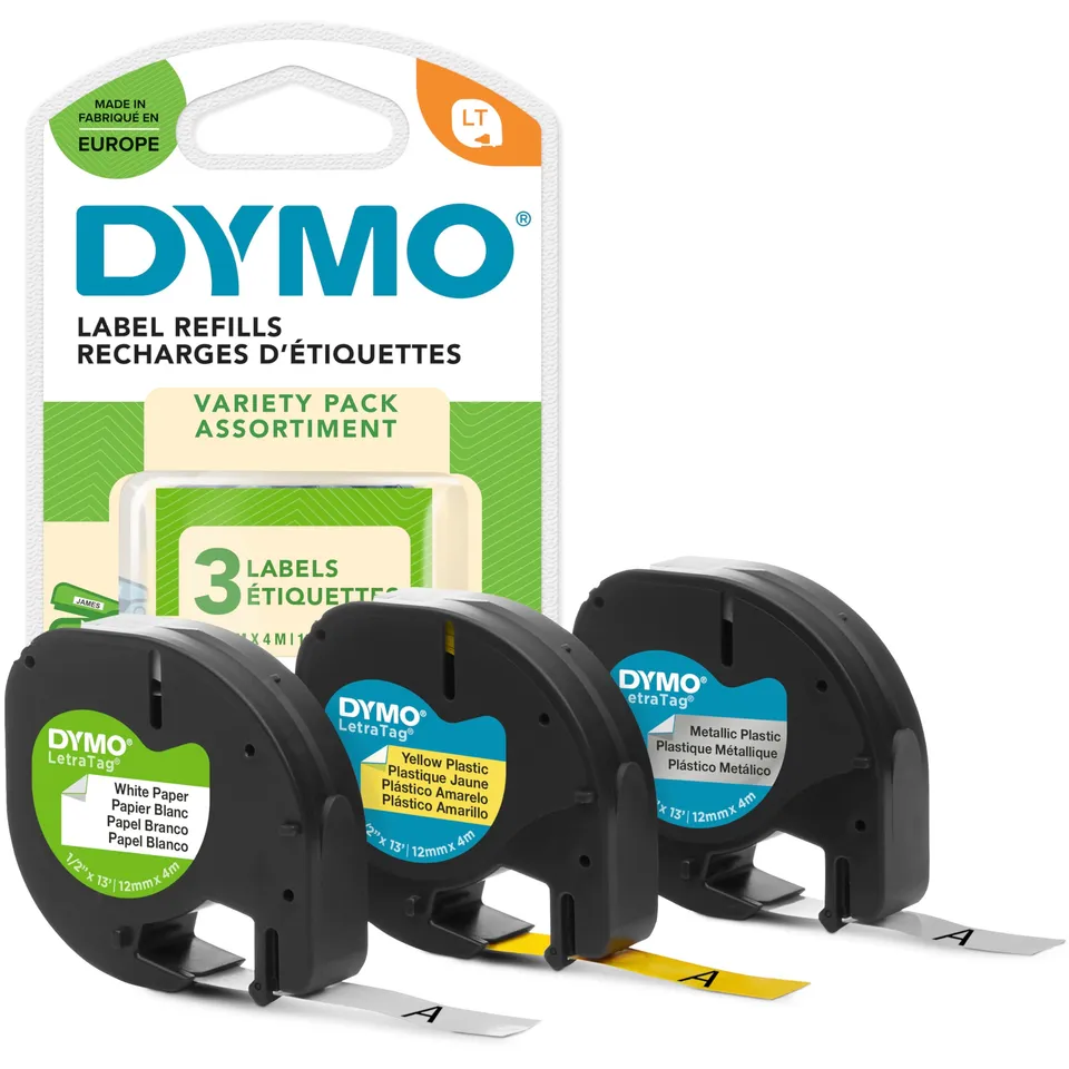 dymo-letratag-starter-set-12-mm-x-4-m-3-cassettes-papier-plastique-m-tal image 1