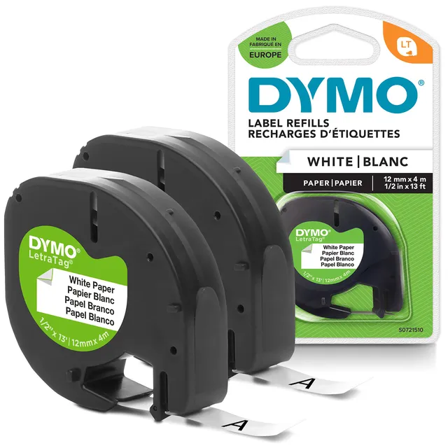 dymo-letratag-lot-2-rouleaux-tiquettes-papier-12-mm-noir-sur-blanc image 1