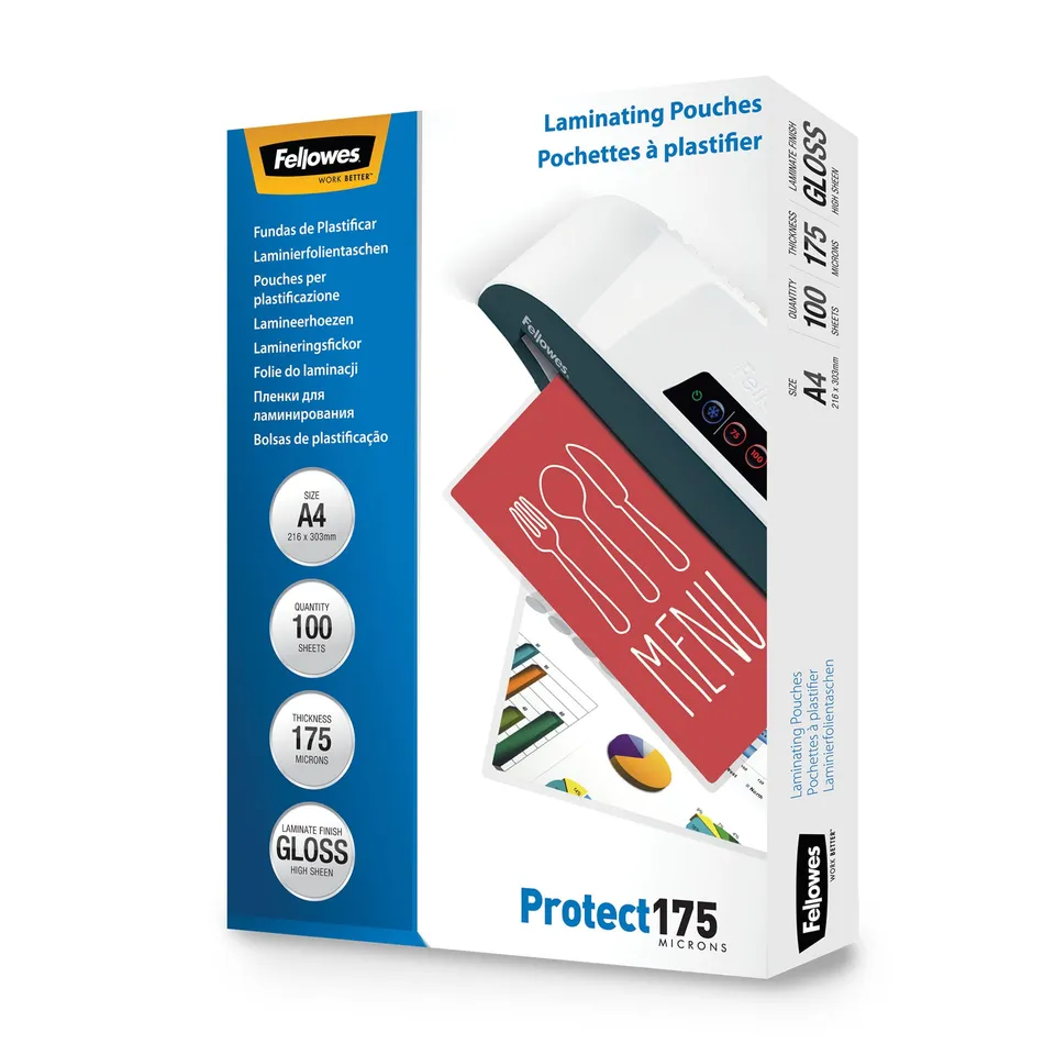 fellowes-pochettes-de-plastification-a4-175-microns-brillant-pack-de-100 image 1