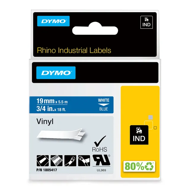 dymo-1805437-tiquettes-vinyle-rhino-12-mm-x-5-5-m-noir-sur-blanc image 1