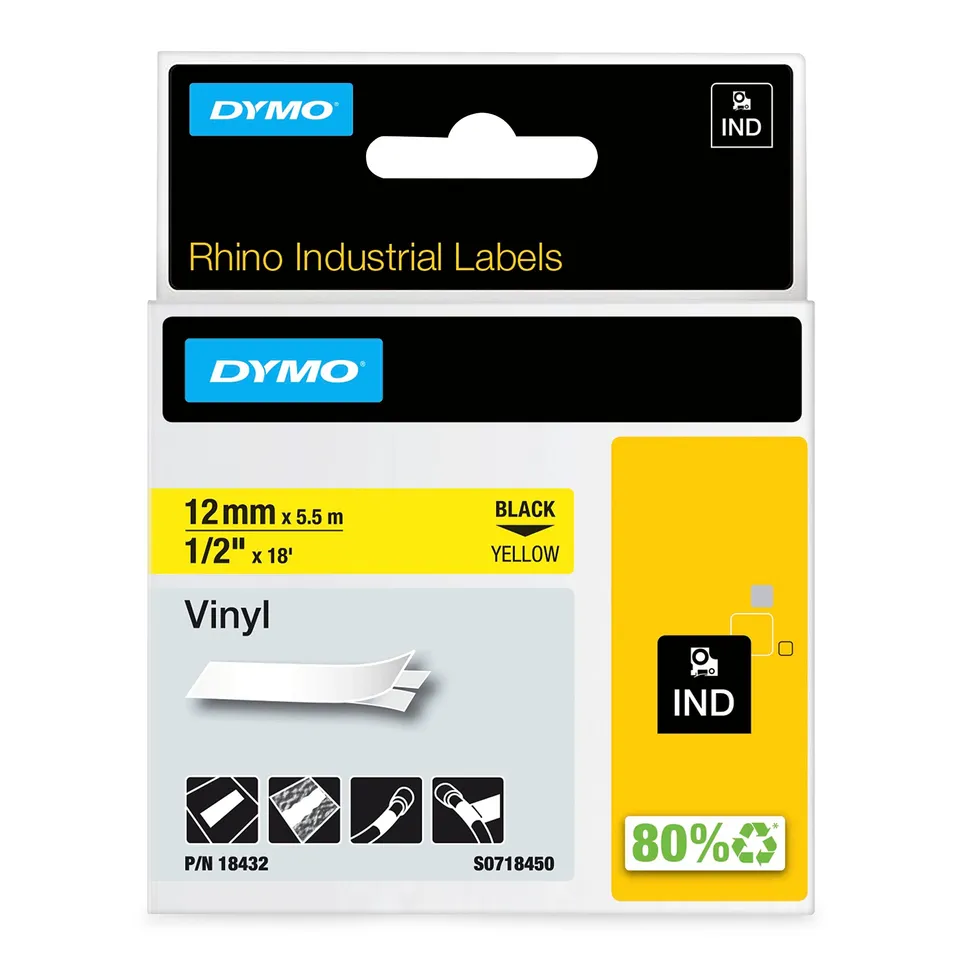dymo-rhino-ruban-vinyle-industriel-12-mm-x-5-5-m-noir-sur-jaune image 1