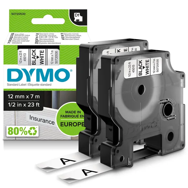 dymo-d1-ruban-tiquette-standard-12-mm-x-7-m-noir-sur-blanc-lot-de-2 image 1