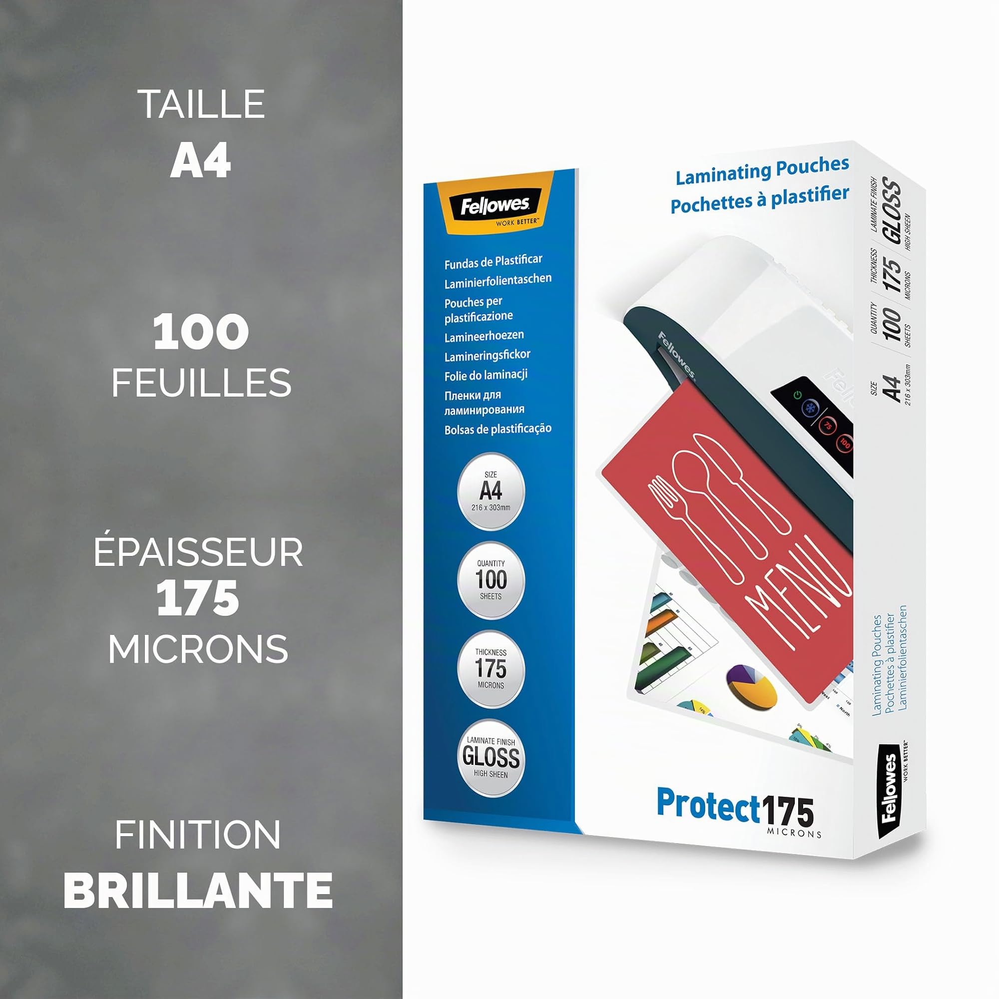 fellowes-pochettes-de-plastification-a4-175-microns-brillant-pack-de-100 image 2