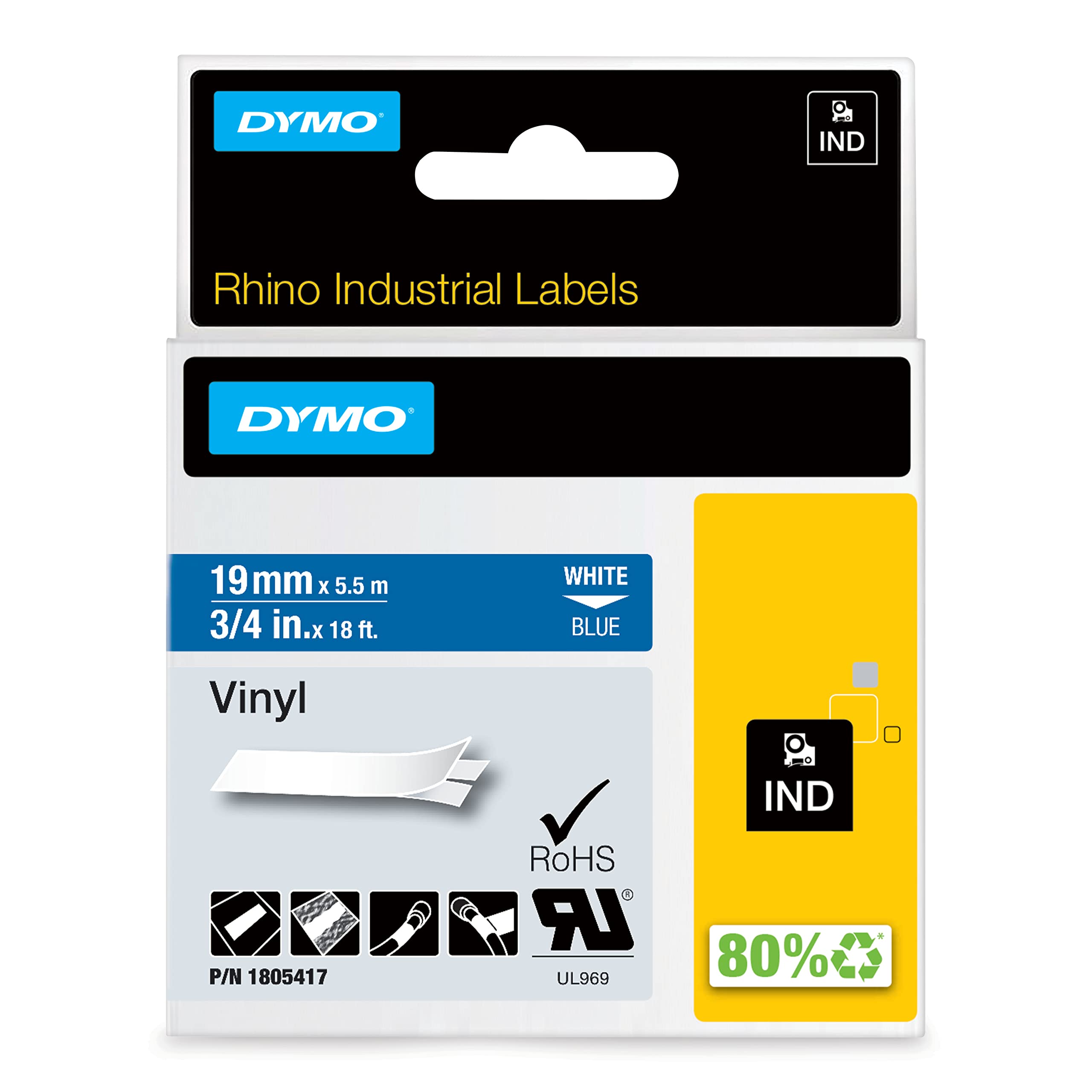 dymo-1805437-tiquettes-vinyle-rhino-12-mm-x-5-5-m-noir-sur-blanc image 1