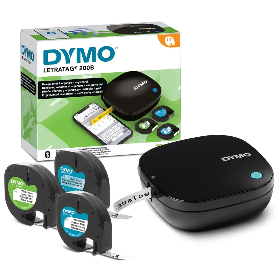 dymo-letratag-200b-tiqueteuse-bluetooth-compacte-noire-avec-3-rubans-12-mm-papie image 1