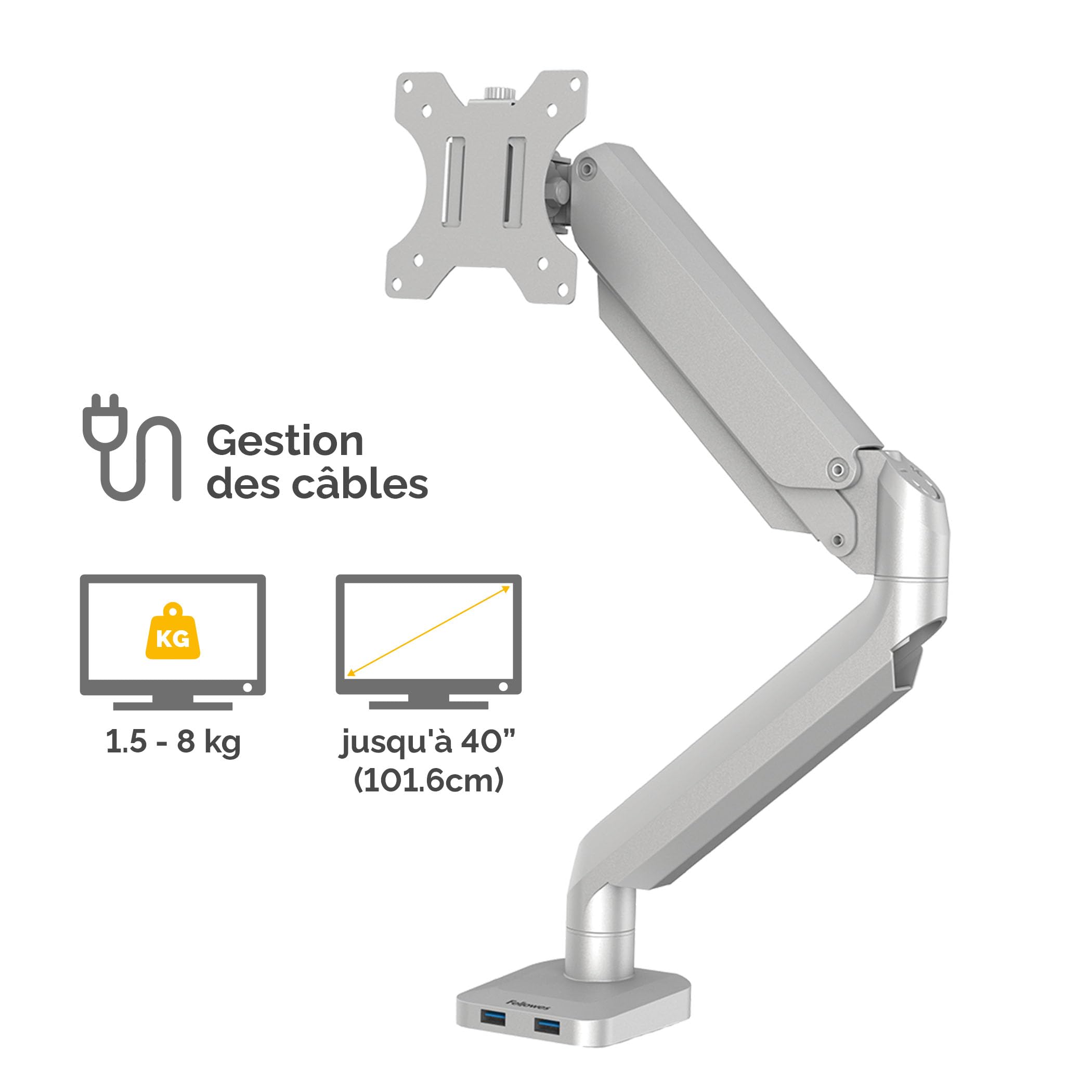fellowes-platinum-series-bras-porte-cran-simple-argent-jusqu-32-avec-2-ports-usb image 3