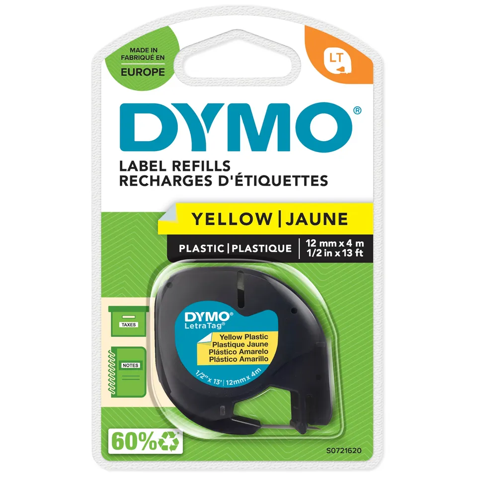 dymo-letratag-recharge-d-tiquettes-plastique-noir-sur-jaune-12-mm-x-4-m image 1