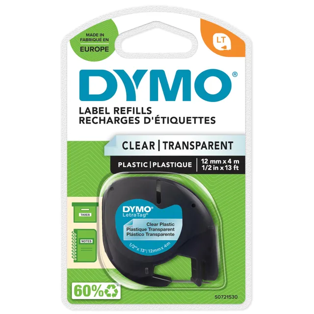 dymo-letratag-recharge-tiquettes-plastique-noir-sur-transparent-12-mm-x-4-m image 1