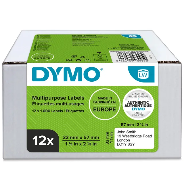 dymo-labelwriter-tiquettes-polyvalentes-32x57-mm-12-rouleaux-de-1000 image 1